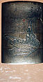 Case (Inrō) with Design of Court Lady in a Boat (obverse); Willow Tree (Asazuma) (reverse), Silver inlay with incised and applied gold decoration 
Ojime: silver bead 
Netsuke: bronze disk with metal inlay, Japan