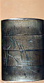 Case (Inrō) with Design of Court Lady in a Boat (obverse); Willow Tree (Asazuma) (reverse), Silver inlay with incised and applied gold decoration 
Ojime: silver bead 
Netsuke: bronze disk with metal inlay, Japan