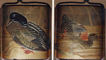 Case (Inrō) with Design of Duck Standing on Shore beside Reeds (obverse); Duck Diving into Water (reverse), Lacquer, kinji, silver and coloured hiramakie, takamakie; Interior: nashiji and fundame, Japan