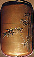 Inrō with Bamboo Grove, Maki-e by Yūtokusai Gyokkei (Japanese, (active early–mid-19th century)), Four cases; lacquered wood with gold and silver hiramaki-e on gold lacquer ground Netsuke: lacquered wood with inlay of a snail on bamboo Ojime: metal bead with birds, Japan