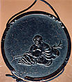 Case (Inrō) in the Shape of an Ink Stick with Design of Hotei (Putai) (obverse); Musical Instruments (reverse), Attributed to Shibata Zeshin (Japanese, 1807–1891), Roiro ('waxen') lacquer with black hiramakie sprinkled and polished lacquer and takamakie sprinkled and polished lacquer relief; Interior: roiro; Netsuke: nut carved with Chinese sages and attendants; Ojime: carved peach stone with landscape and figures, Japan