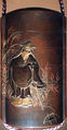 Case (Inrō) with a Fox from the Kyōgen Play The Fox Hunter (Tsurigitsune); Hunter behind Haystacks from the Kyōgen Play "Hakuzōsu" (reverse), Shibata Zeshin (Japanese, 1807–1891), Gold and silver maki-e with colored lacquer on black lacquer
Ojime: gilded metal with fox-monk
Netuske: Lacquer oval box with diamond floral design (signed Kiyoharu), Japan