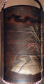 Case (Inrō) with a Fox from the Kyōgen Play The Fox Hunter (Tsurigitsune); Hunter behind Haystacks from the Kyōgen Play "Hakuzōsu" (reverse), Shibata Zeshin (Japanese, 1807–1891), Gold and silver maki-e with colored lacquer on black lacquer
Ojime: gilded metal with fox-monk
Netuske: Lacquer oval box with diamond floral design (signed Kiyoharu), Japan