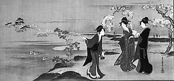 Three Beauties Viewing Cherry Blossoms, Chōbunsai Eishi Japanese, Hanging scroll; ink and color on silk, Japan