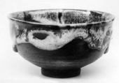 Teabowl, Furoshi Shōsai  Japanese, Dark brown clay; thin brown glaze and thick, running glaze of flecked gray (Settsu ware), Japan