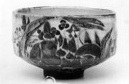 Teabowl, Kenzan IV (?) Japanese, Cylindrical with small unglazed foot; red-brown clay, bluish glaze with flowering plants in dark blue, red and green (Kyoto ware), Japan