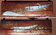 Case (Inrō) with Design of Boats, Waves and Reeds (Tale of Genji), Brushed wood with gold and silver hiramakie sprinkled and polished lacquer and pewter and mother-of-pearl inlay; Interior: plain; Ojime: quartz bead; Netsuke: carved wood badger, Japan