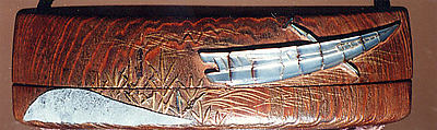Case (Inrō) with Design of Boats, Waves and Reeds (Tale of Genji), Brushed wood with gold and silver hiramakie sprinkled and polished lacquer and pewter and mother-of-pearl inlay; Interior: plain; Ojime: quartz bead; Netsuke: carved wood badger, Japan