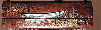 Case (Inrō) with Design of Boats, Waves and Reeds (Tale of Genji), Brushed wood with gold and silver hiramakie sprinkled and polished lacquer and pewter and mother-of-pearl inlay; Interior: plain; Ojime: quartz bead; Netsuke: carved wood badger, Japan