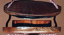 Case (Inrō) with Design of Boats, Waves and Reeds (Tale of Genji), Brushed wood with gold and silver hiramakie sprinkled and polished lacquer and pewter and mother-of-pearl inlay; Interior: plain; Ojime: quartz bead; Netsuke: carved wood badger, Japan