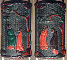 Case (Inrō) with Design of Chinese Persons Beneath Pine Trees and Clouds, Lacquer, dark brown ground, red, brown, green applied lacquer; Interior: dark brown lacquer, Japan