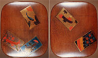 Case (Inrō) with Design of Poem Cards with Crane and Pine, Plum, Cherry, Chrysanthemum, Wood, polished wood, gold and colored hiramakie, togidashi; Interior: plain, Japan