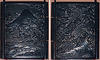 Case (Inrō) with Design of Mount Fuji (obverse); Dragon in Clouds and Waves (reverse), Gantai (1782–1865), Lacquer, tsuikoku, carved relief, incised; Interior: roiro, bottom case 2 cylindrical openings, Japan