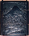 Case (Inrō) with Design of Mount Fuji (obverse); Dragon in Clouds and Waves (reverse), Gantai (1782–1865), Lacquer, tsuikoku, carved relief, incised; Interior: roiro, bottom case 2 cylindrical openings, Japan
