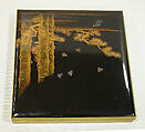 Writing box (Suzuribako) with Pines, Hawk, and Sparrows, Lid: black lacquer ground with gold and silver togidashi maki-e and metal inlayInterior: nashiji ground with gold and silver hiramaki-e , Japan