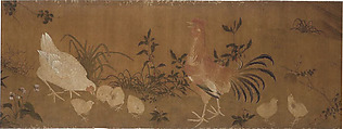 Hen, Cock and Chickens, Unidentified artist, Handscroll; ink and color on silk, China