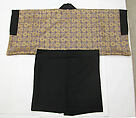 Costume of a Japanese Gentleman, (a) Silk,metalic thread / Plain weave
(b) Silk / Plain weave
(c) Silk / Plain weave
(d) Cotton; Silk / Plain weave
(e) Silk / Plain weave
(f) Silk / Braided
(g) Straw, leather / Woven
(h) Straw, leather / Woven
(i) Rush; leather; silk; wood / Woven
(j) Rush; leather; silk; wood / Woven
(k) Cotton / Knit
(l) Cotton / Knit, Japan
