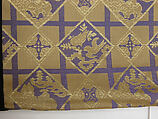 Costume of a Japanese Gentleman, (a) Silk,metalic thread / Plain weave
(b) Silk / Plain weave
(c) Silk / Plain weave
(d) Cotton; Silk / Plain weave
(e) Silk / Plain weave
(f) Silk / Braided
(g) Straw, leather / Woven
(h) Straw, leather / Woven
(i) Rush; leather; silk; wood / Woven
(j) Rush; leather; silk; wood / Woven
(k) Cotton / Knit
(l) Cotton / Knit, Japan