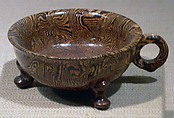 Tripod cup with ring handle (bei), Earthenware with marblized body and brown glaze, China