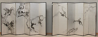Monkeys, Miki Suizan (Japanese, 1887–1957), Pair of six-panel folding screens; ink on silvered paper, Japan