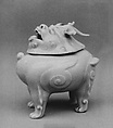 Covered censer In form of Shishi, White porcelain, boldly chiseled (Hirado ware), Japan