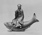 Censer in form of Kinko Sitting on a Carp, Stoneware covered with a thin glaze resembling bronze (Bizen ware), Japan