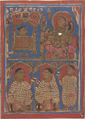 Vajra in His Cradle (top left) / Vajra Being Nursed by His Mother (top right) / The Nuns who Cared for Vajra (bottom); Page from a Dispersed Kalpa Sutra (Jain Book of Rituals), Ink, opaque watercolor, and gold on paper, India (Gujarat)