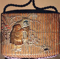 Case (Inrō) with a Fox from the Kyōgen Play "The Fox Hunter" (Tsurigitsune) (obverse); Haystacks and Stream from the Kyōgen Play "Hakuzosu" (reverse), Shibata Zeshin (Japanese, 1807–1891), Gold and colored lacquer on wood
Signed: Zeshin
Ojime: carved wooden dragon (signed: Ichiryūsai Furuta)
Netsuke: ceramic figure of Kaduzōsu (signed: Eiraku), Japan