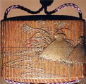 Case (Inrō) with a Fox from the Kyōgen Play "The Fox Hunter" (Tsurigitsune) (obverse); Haystacks and Stream from the Kyōgen Play "Hakuzosu" (reverse), Shibata Zeshin (Japanese, 1807–1891), Gold and colored lacquer on wood
Signed: Zeshin
Ojime: carved wooden dragon (signed: Ichiryūsai Furuta)
Netsuke: ceramic figure of Kaduzōsu (signed: Eiraku), Japan