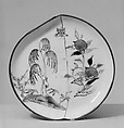 Peach-shaped dish with trees and peaches, Porcelain painted in underglaze cobalt blue and overglaze polychrome enamels (Jingdezhen ware), China