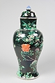 Covered jar with birds and flowers, Porcelain painted in polychrome enamels over black ground (Jingdezhen ware, famille noire), China