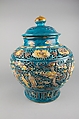 Covered Jar, Porcelain with carved, pierced, and relief decoration, in the biscuit and under colored glazes, China