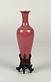 Vase, Porcelain with peach-bloom glaze; carved and pierced wood stand, lined with red velvet, China