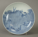 Dish with Assorted Treasures Floating on Waves, Porcelain with underglaze blue decoration and overglaze enamels (Hizen ware, Nabeshima type), Japan