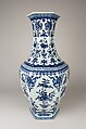 Hexagonal vase with Rococo-style flowers, Porcelain painted in underglaze cobalt blue (Jingdezhen ware), China