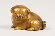 Netsuke of Seated Puppy with Short Curled Tail, Norizane (Japanese), Wood, gold lacquer mottled with black; black lacquer eyes, Japan