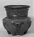 Tripod vessel with three ram heads, Stoneware with Jun-type glaze (Yixing ware), copper alloy mouth rim, China