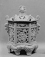 Incense Burner in the Shape of a Hanging Lantern (one of a pair), White porcelain with mouded designs (Hirado ware), Japan