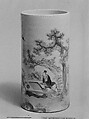 Brush holder with scholars playing chess, Soft paste porcelain painted in underglaze cobalt blue (Jingdezhen ware), China