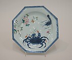 Octagonal dish with crab, shrimp, and flowers, Porcelain painted in underglaze cobalt blue and overglaze polychrome enamels (Jingdezhen ware), China