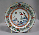 Plate with lotus pond and Daoist immortals, Porcelain painted in underglaze blue and overglaze famille verte enamels, China