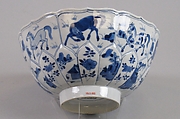 Lotus bowl with Eight Horses of the King of Mu, Porcelain painted in underglaze cobalt blue (Jingdezhen ware), China