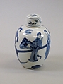 Tea leaf jar with ladies at leisure, Porcelain painted in underglaze cobalt blue (Jingdezhen ware), China
