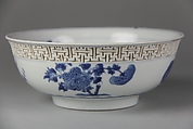Bowl with immortals and flowers, Porcelain painted in underglaze cobalt blue, and with relief decoration (Jingdezhen ware), China