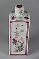 Covered square bottle with flowers, Porcelain painted in overglaze polychrome enamels (Jingdezhen ware), China