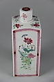 Covered square bottle with flowers, Porcelain painted in overglaze polychrome enamels (Jingdezhen ware), China