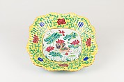 Foliated square dish with madarin ducks in lotus pond, Porcelain painted in overglaze polychrome enamels (Jingdezhen ware), China