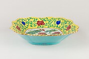 Foliated square dish with madarin ducks in lotus pond, Porcelain painted in overglaze polychrome enamels (Jingdezhen ware), China
