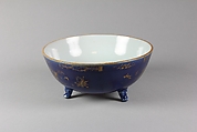 Three-footed bowl, Porcelain painted in gilt over blue glaze (Jingdezhen ware), China
