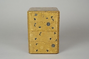 Portable Picnic Set (sagejū) with Chrysanthemums, Foliage Scroll, and Tokugawa Family Crest, Lacquered wood with gold, silver hiramaki-e, gold and silver foil application on nashiji lacquer ground, Japan